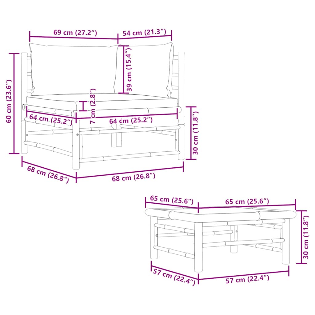 2 Piece Garden Lounge Set with Dark Grey Cushions Bamboo
