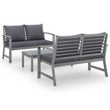 3 Piece Garden Lounge Set with Cushion Solid Acacia Wood Grey - Front View
