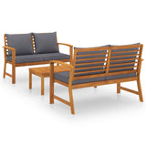 3 Piece Garden Lounge Set with Cushion Solid Acacia Wood - Front View