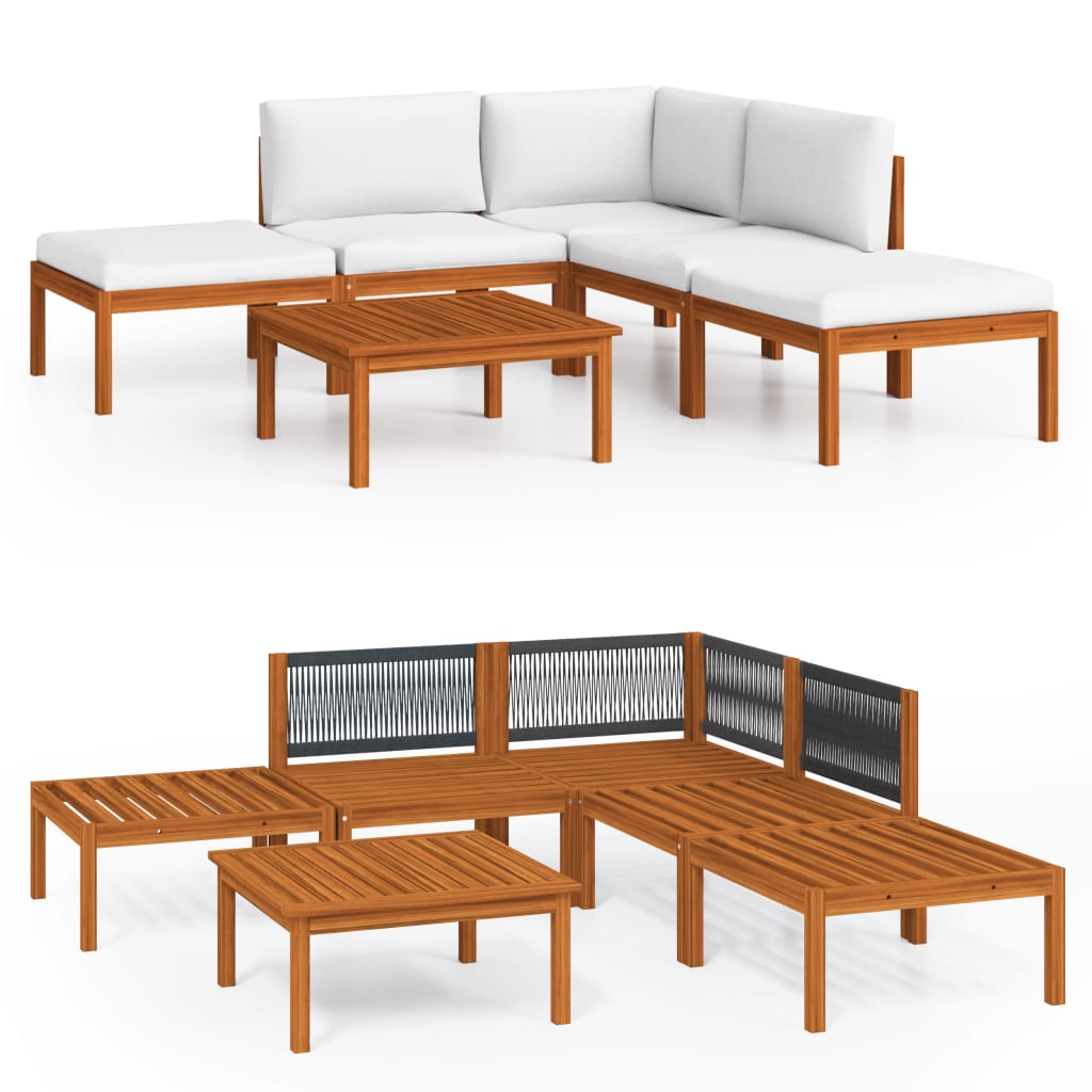 6 Piece Garden Lounge Set with Cushions Cream Wood Acacia&Rope