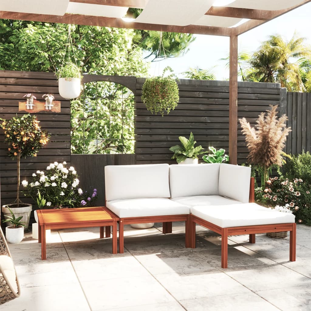 4 Piece Garden Lounge Set with Cushions Cream Wood Acacia&Rope