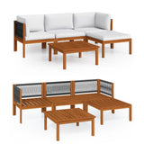 5 Piece Garden Lounge Set with Cushions Cream Wood Acacia&Rope