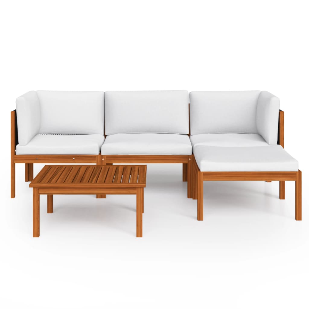 5 Piece Garden Lounge Set with Cushions Cream Wood Acacia&Rope