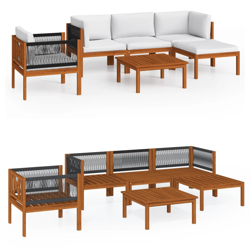 6 Piece Garden Lounge Set with Cushions Cream Wood Acacia&Rope