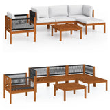 6 Piece Garden Lounge Set with Cushions Cream Wood Acacia&Rope - Front View