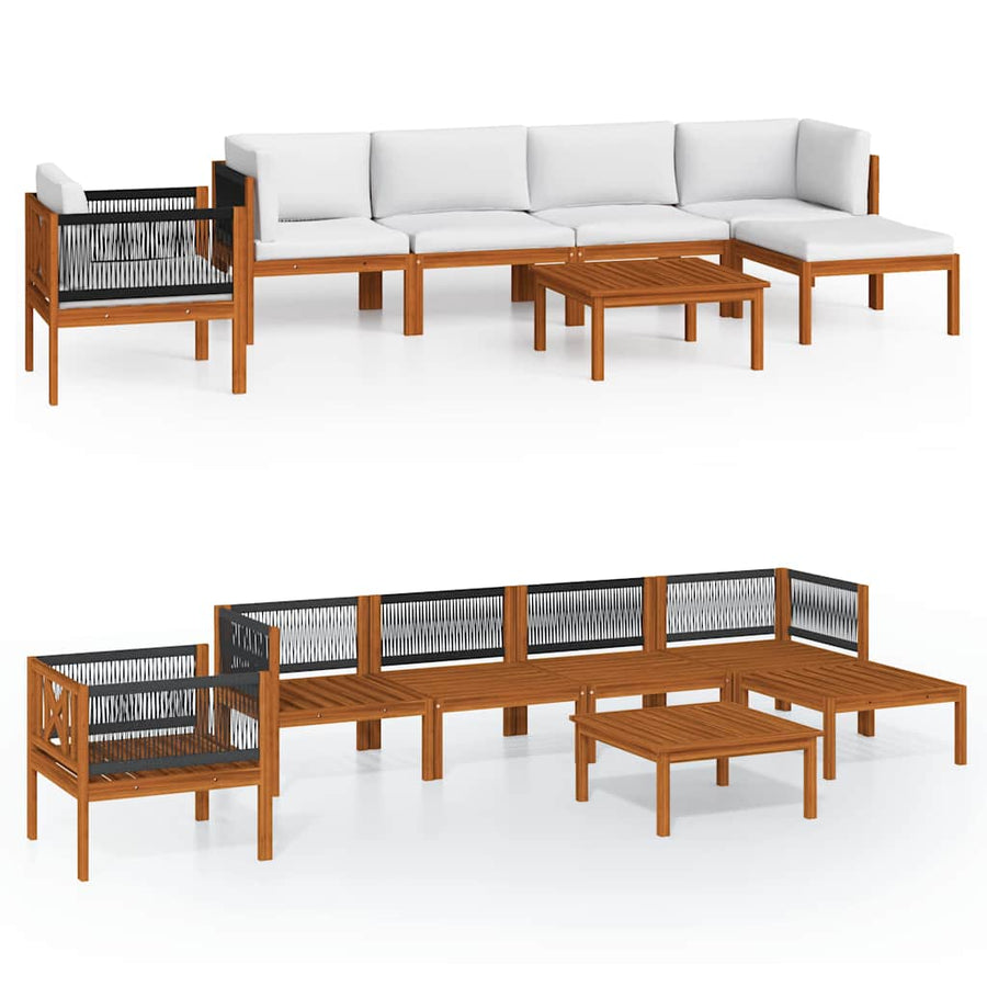 7 Piece Garden Lounge Set with Cushions Cream Wood Acacia&Rope