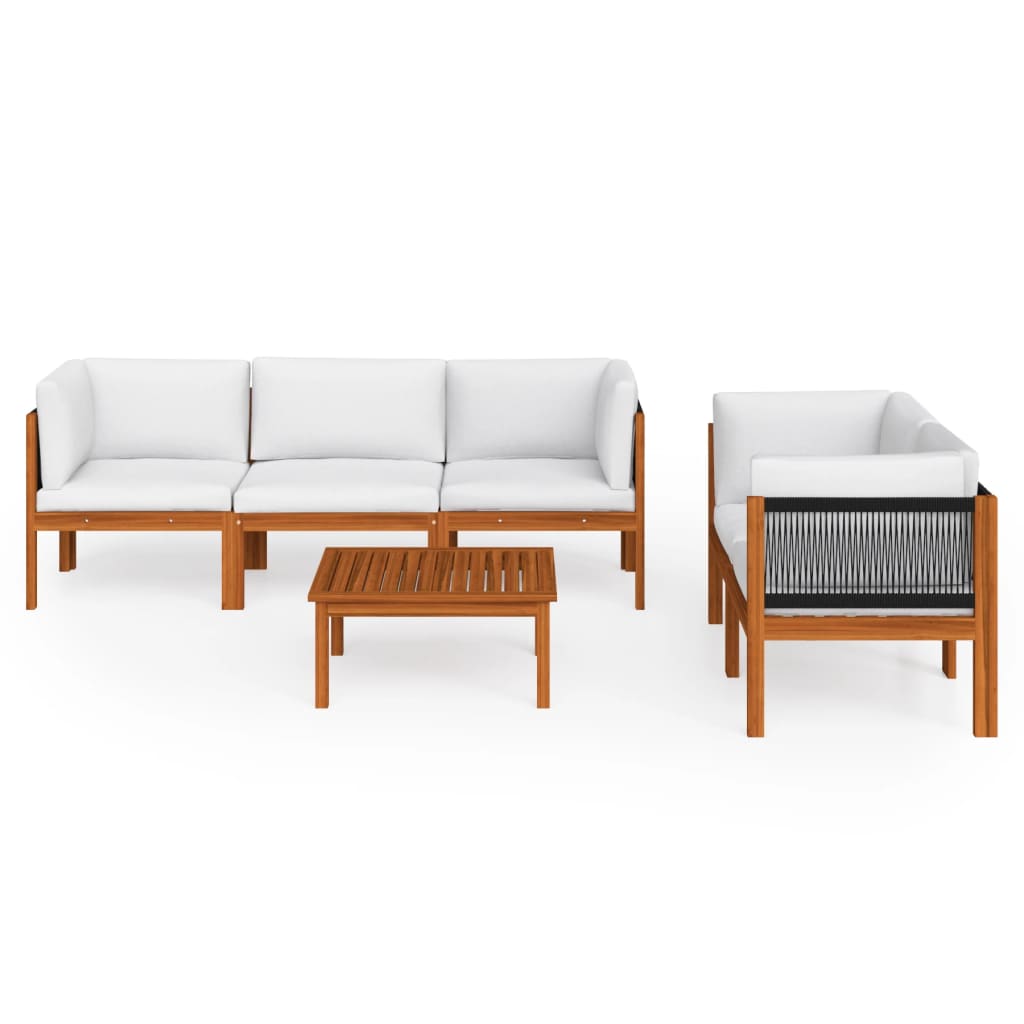 6 Piece Garden Lounge Set with Cushions Cream Wood Acacia&Rope