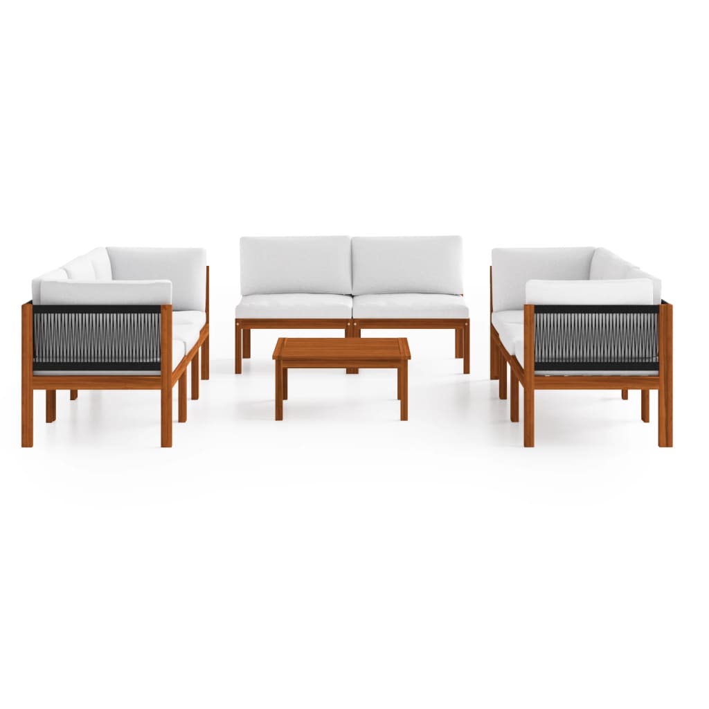 9 Piece Garden Lounge Set with Cushions Cream Wood Acacia&Rope
