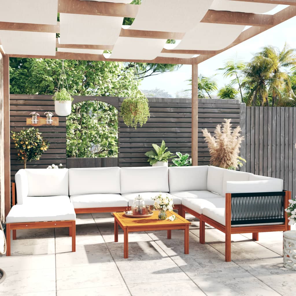 8 Piece Garden Lounge Set with Cushions Cream Wood Acacia&Rope