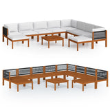11 Piece Garden Lounge Set with Cushions Cream Wood Acacia&Rope - Front View