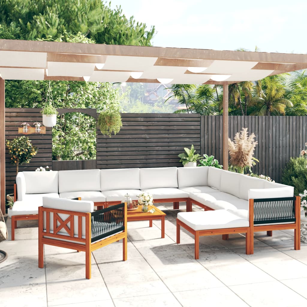 12 Piece Garden Lounge Set with Cushions Cream Wood Acacia&Rope