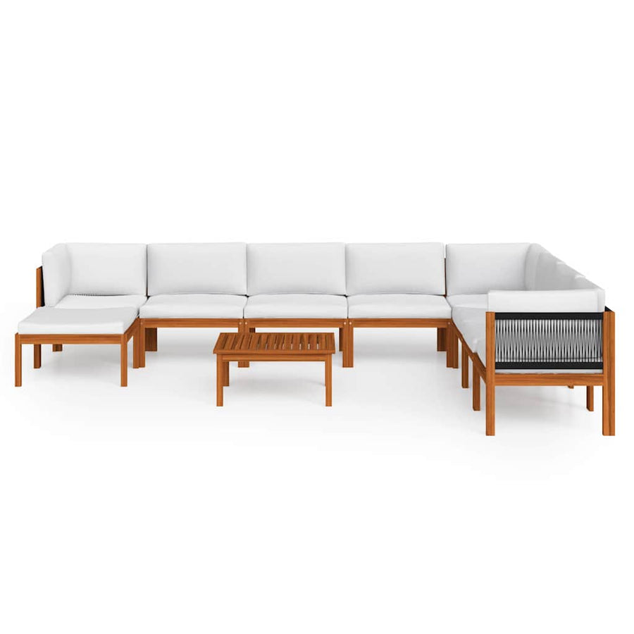 9 Piece Garden Lounge Set with Cushions Cream Wood Acacia&Rope