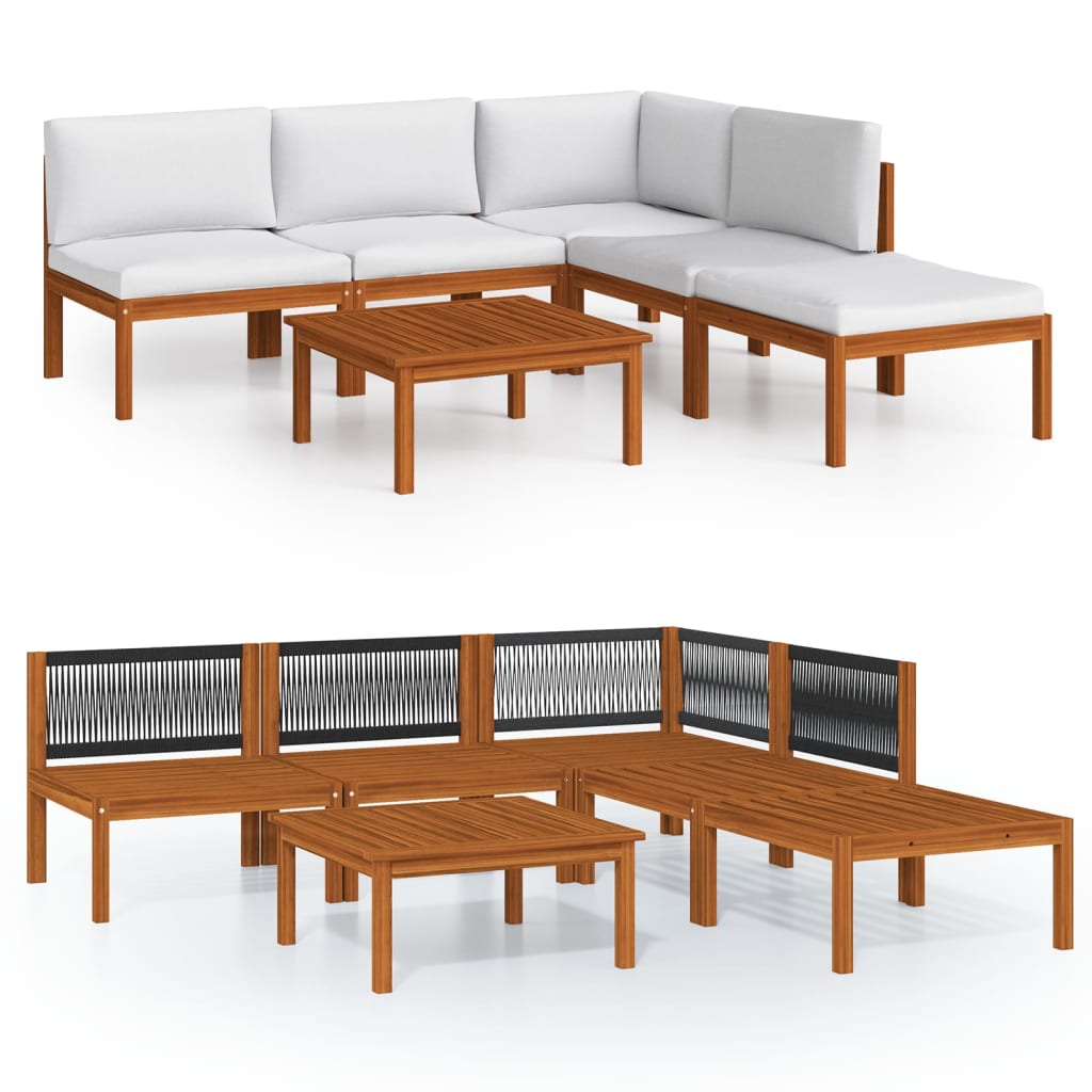 6 Piece Garden Lounge Set with Cushions Cream Wood Acacia&Rope