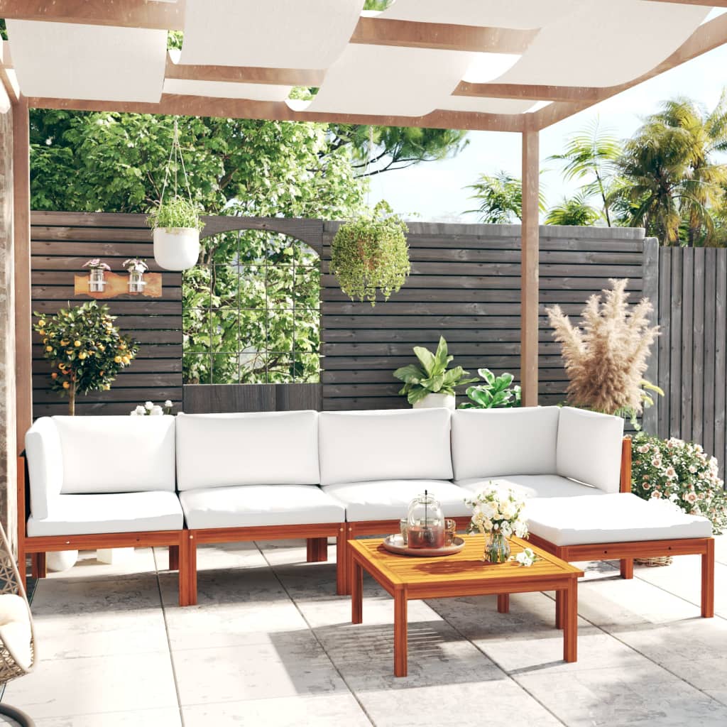 6 Piece Garden Lounge Set with Cushions Cream Wood Acacia&Rope