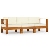 3-Seater Garden Sofa with Cream White Cushions Solid Acacia Wood - Front View