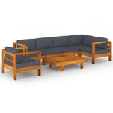 7 Piece Garden Lounge Set with Dark Grey Cushions Acacia Wood - Front View