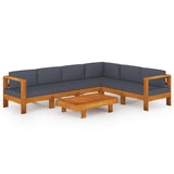 7 Piece Garden Lounge Set with Dark Grey Cushions Acacia Wood - Front View