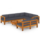 8 Piece Garden Lounge Set with Dark Grey Cushions Acacia Wood - Front View