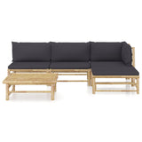 5 Piece Garden Lounge Set with Dark Grey Cushions Bamboo - Front View