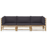 3 Piece Garden Lounge Set with Dark Grey Cushions Bamboo - Front View