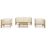 5 Piece Garden Lounge Set with Cream White Cushions Bamboo - Front View