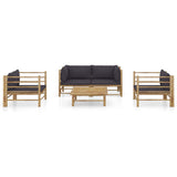 5 Piece Garden Lounge Set with Dark Grey Cushions Bamboo - Front View