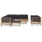 10 Piece Garden Lounge Set with Dark Grey Cushions Bamboo - Front View
