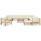 12 Piece Garden Lounge Set with Cream White Cushions Bamboo - Front View
