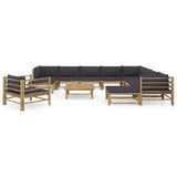 12 Piece Garden Lounge Set with Dark Grey Cushions Bamboo - Front View