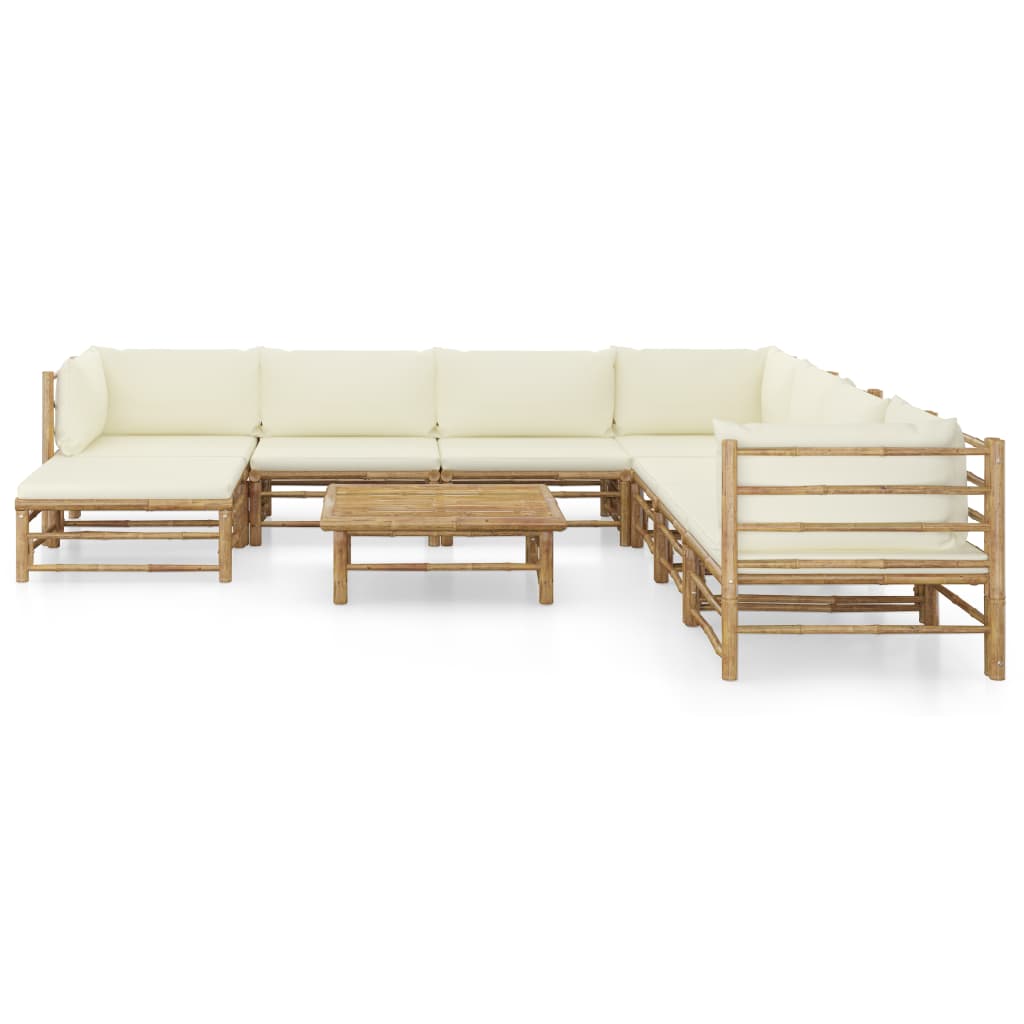 9 Piece Garden Lounge Set with Cream White Cushions Bamboo