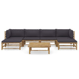 7 Piece Garden Lounge Set with Dark Grey Cushions Bamboo - Front View