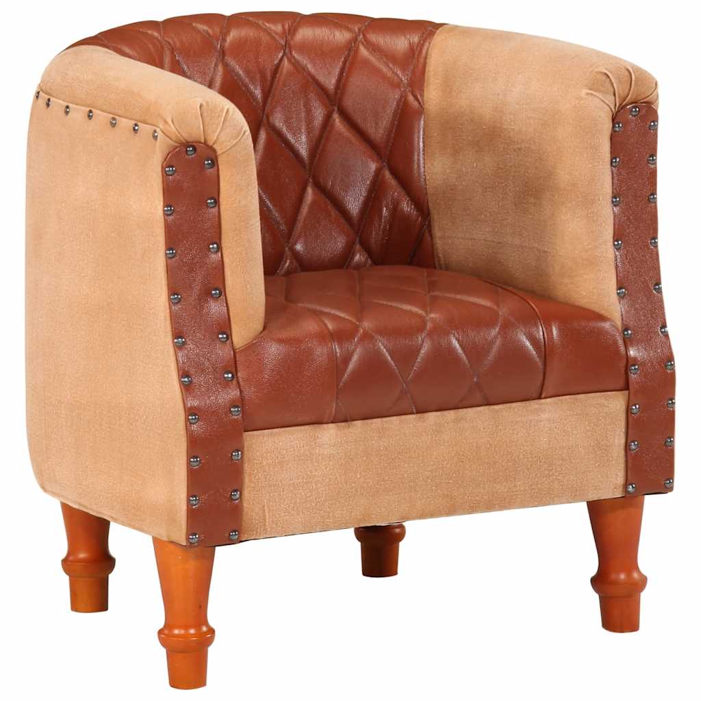 Tub Chair Brown Real Leather and Solid Mango Wood
