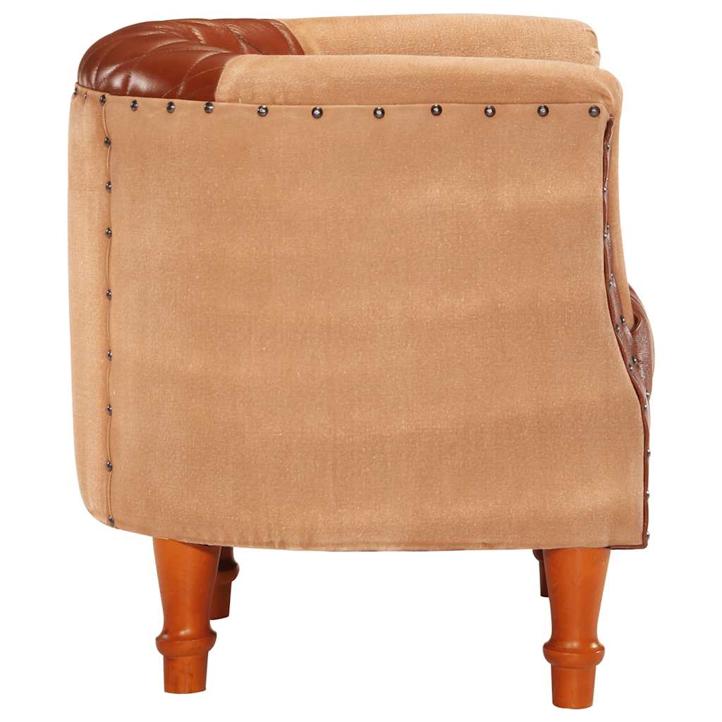 Tub Chair Brown Real Leather and Solid Mango Wood