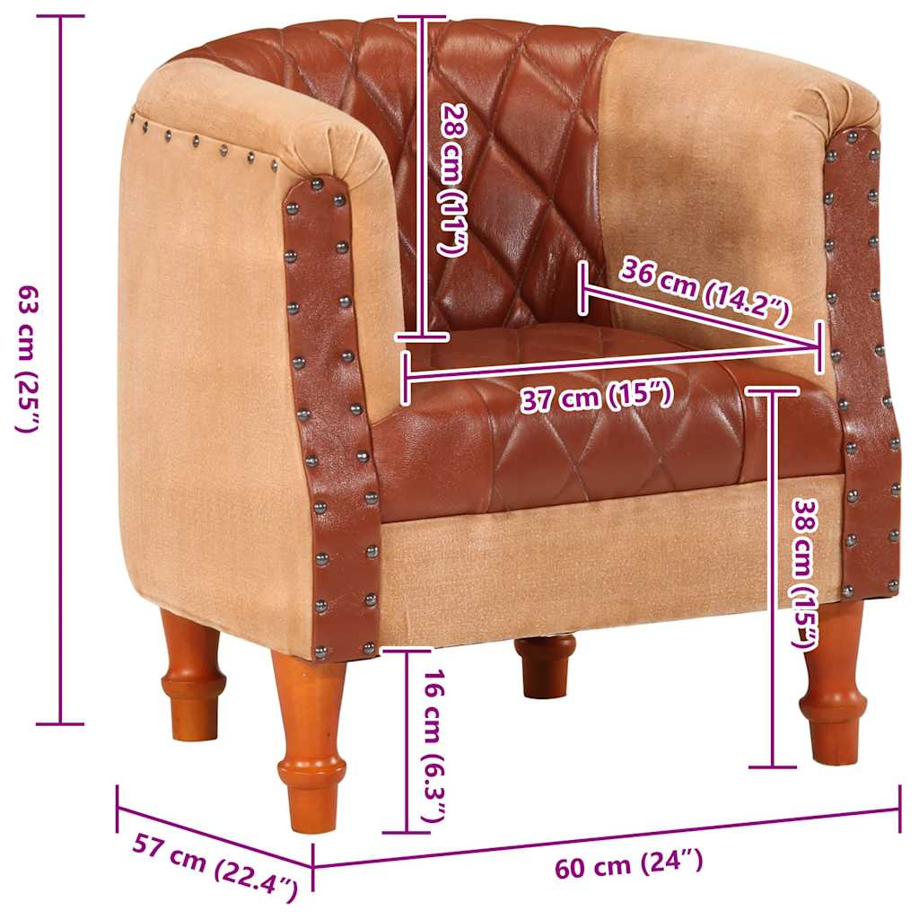 Tub Chair Brown Real Leather and Solid Mango Wood