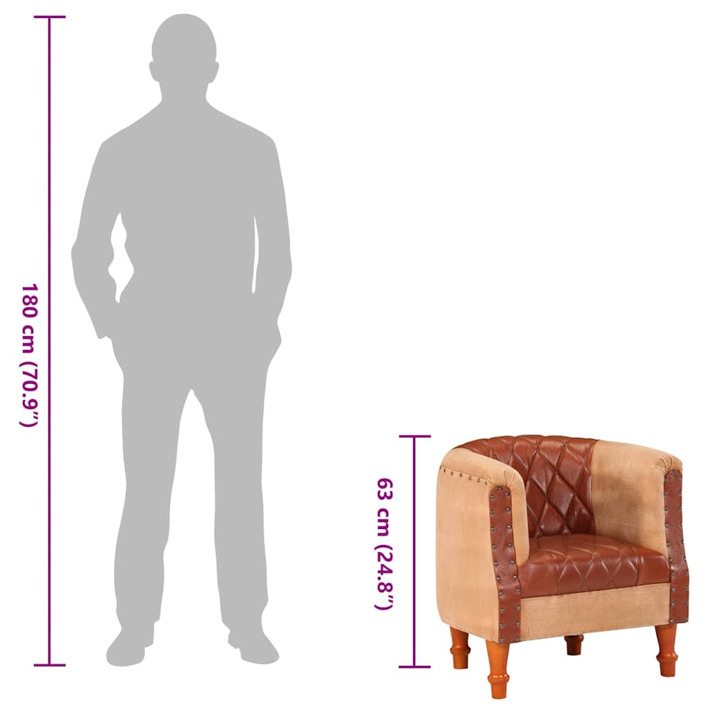 Tub Chair Brown Real Leather and Solid Mango Wood
