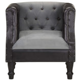 Tub Chair Black Real Leather and Solid Mango Wood - Front View
