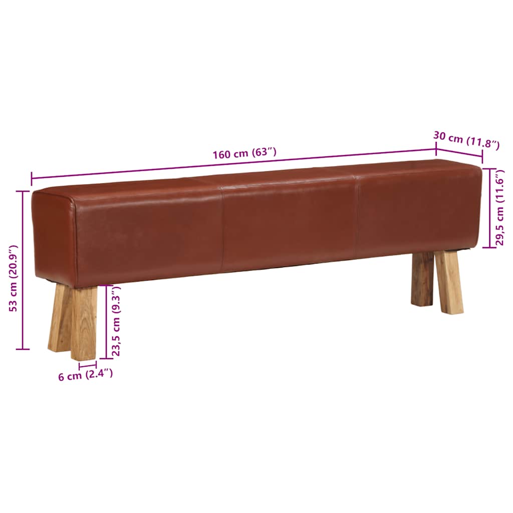 Gym Bok Bench 160 cm Brown Real Leather and Solid Wood Acacia