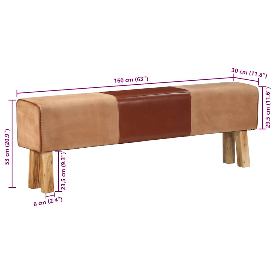 Gym Bok Bench 160 cm Brown Real Leather and Solid Wood Acacia
