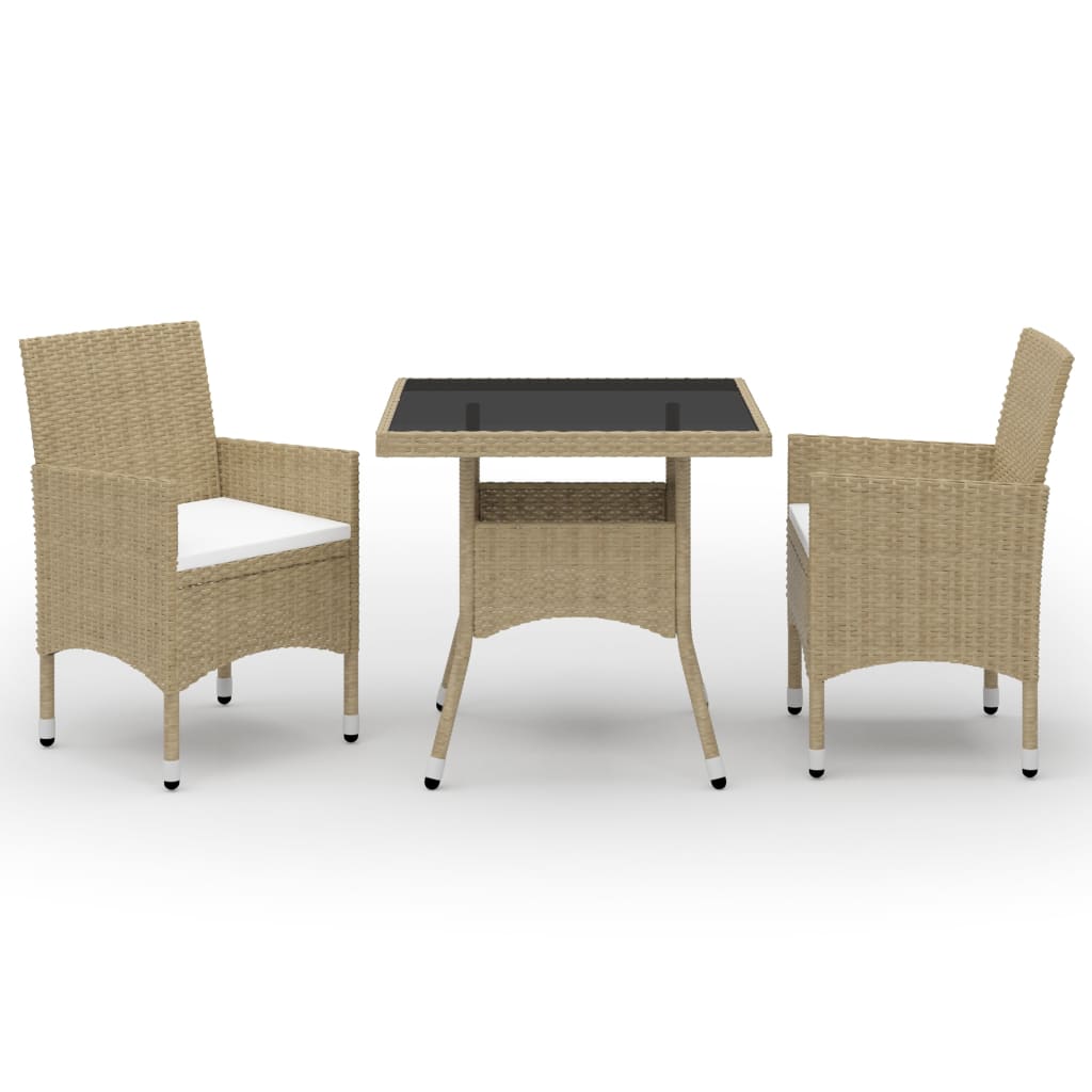 3 Piece Garden Dining Set Beige Poly Rattan and Glass