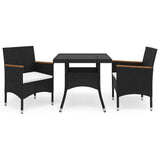 3 Piece Garden Dining Set Black Poly Rattan and Acacia Wood