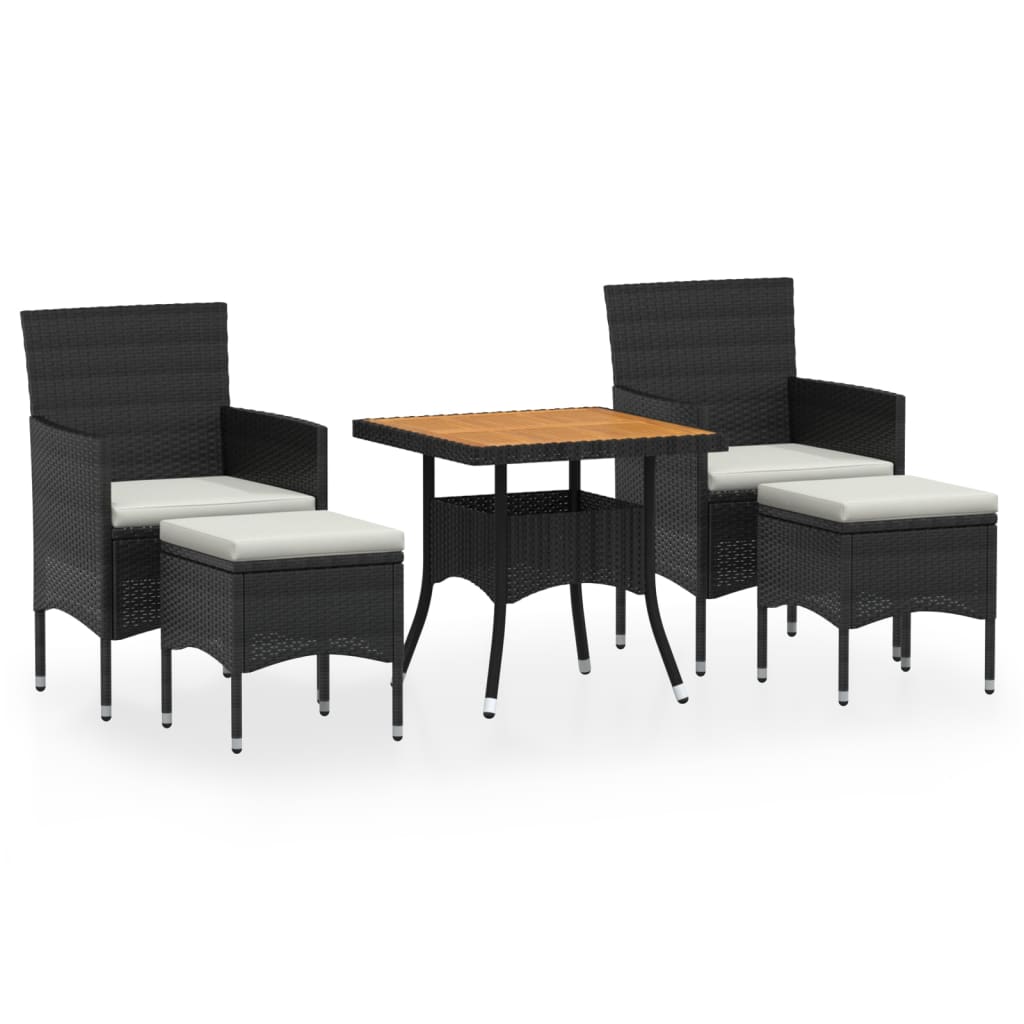 5 Piece Garden Dining Set Poly Rattan & Solid Acacia Wood Black