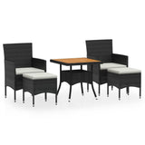 5 Piece Garden Dining Set Poly Rattan & Solid Acacia Wood Black - Front View