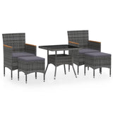 5 Piece Garden Dining Set Poly Rattan and Tempered Glass Grey - Front View