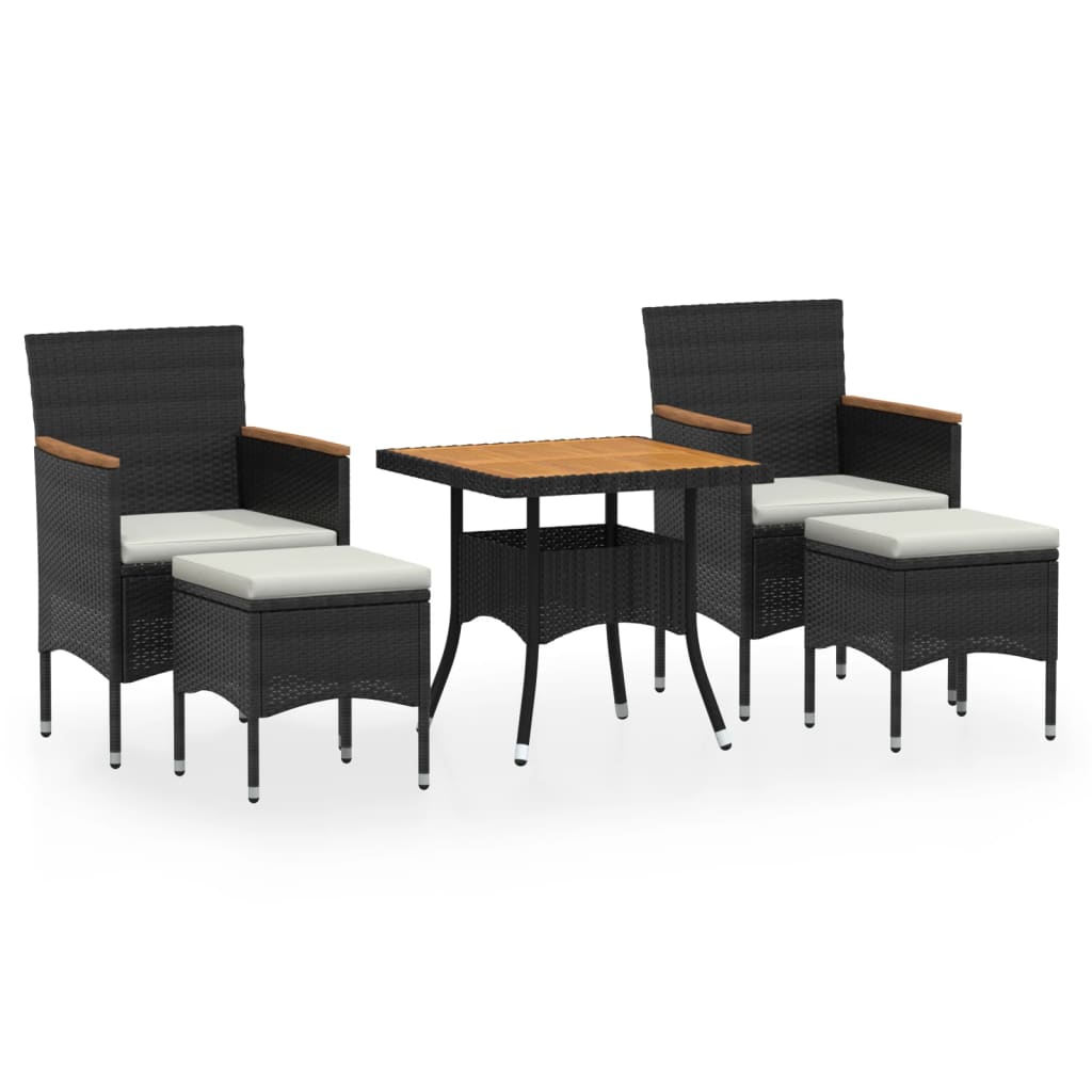 5 Piece Garden Dining Set Poly Rattan & Solid Acacia Wood Black