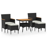5 Piece Garden Dining Set Poly Rattan & Solid Acacia Wood Black - Front View