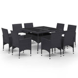 9 Piece Garden Dining Set Poly Rattan and Glass Black - Front View