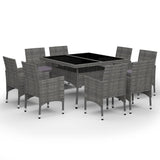 9 Piece Garden Dining Set Poly Rattan and Glass Grey - Front View