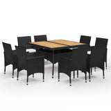 9 Piece Garden Dining Set Poly Rattan and Acacia Wood Black - Front View