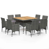9 Piece Garden Dining Set Poly Rattan and Acacia Wood Grey - Front View