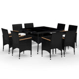 9 Piece Garden Dining Set Poly Rattan and Acacia Wood Black - Front View